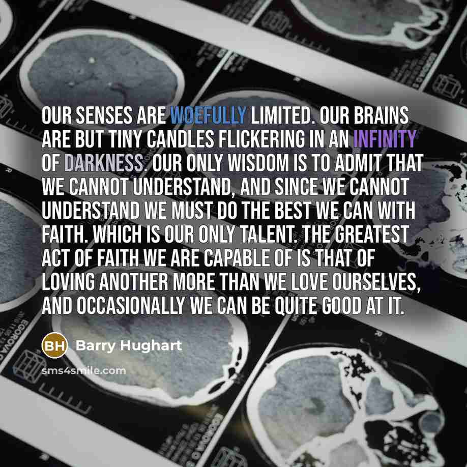 “Our senses are woefully limited. Our brains are but tiny…” quote by Barry Hughart