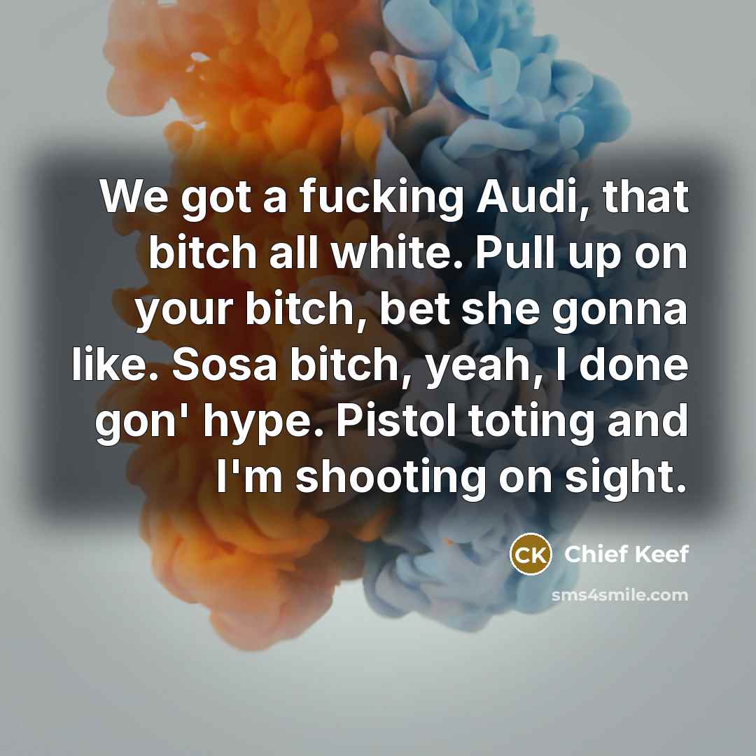 “We got a fucking Audi, that bitch all white. Pull up on your bitch, bet she gonna like. Sosa bitch, yeah, I done gon' hype. Pistol toting and I'm shooting on sight.” quote by Chief Keef