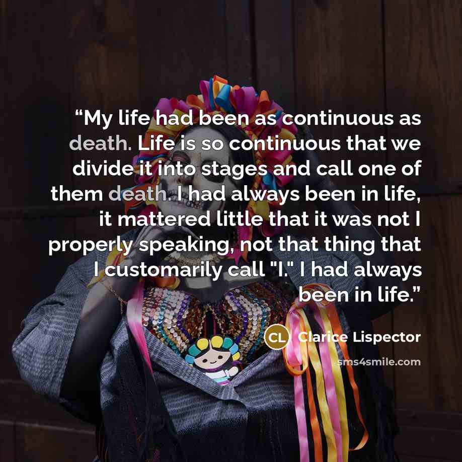 “My life had been as continuous as death. Life is so continuous that we divide it into stages and call one of them death. I had always been in life, it mattered little that it was not I properly speaking, not that thing that I customarily call "I." I had always been in life.” quote by Clarice Lispector