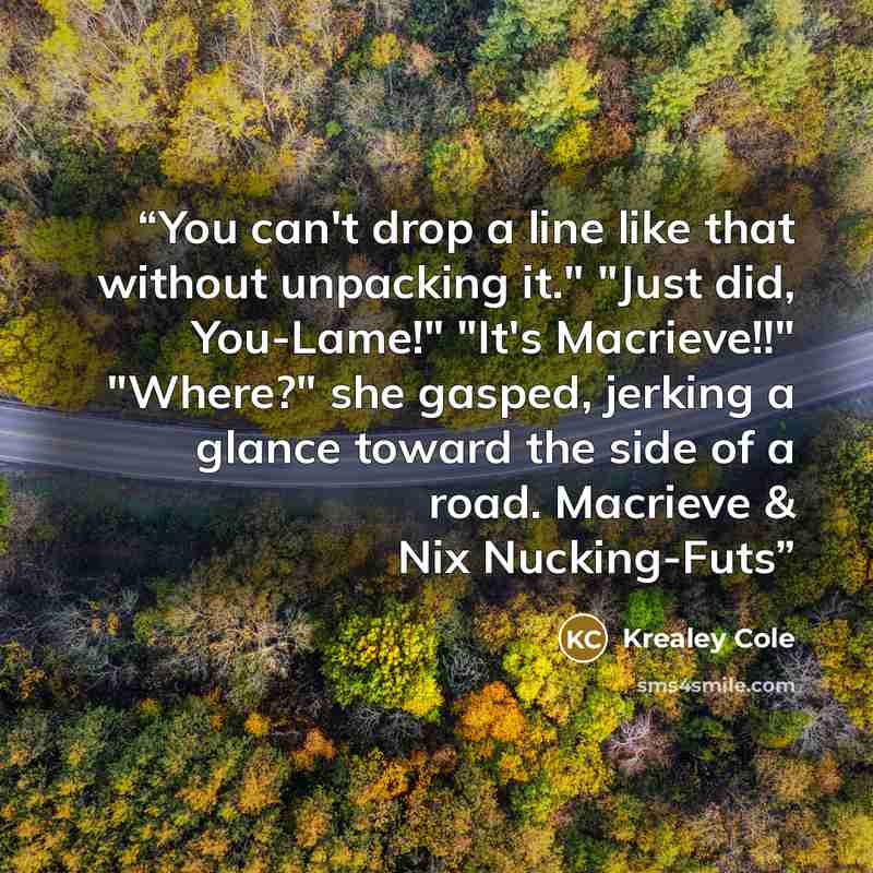 “You can't drop a line like that without unpacking it." "Just did, You-Lame!" "It's Macrieve!!" "Where?" she gasped, jerking a glance toward the side of a road. Macrieve & Nix Nucking-Futs” quote by Krealey Cole