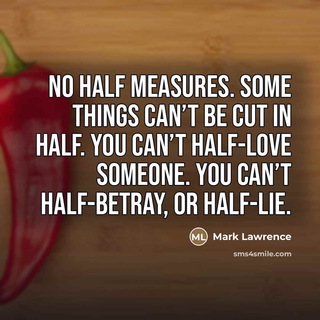 “No half measures. Some things can’t be cut in half.…” quote by Mark Lawrence