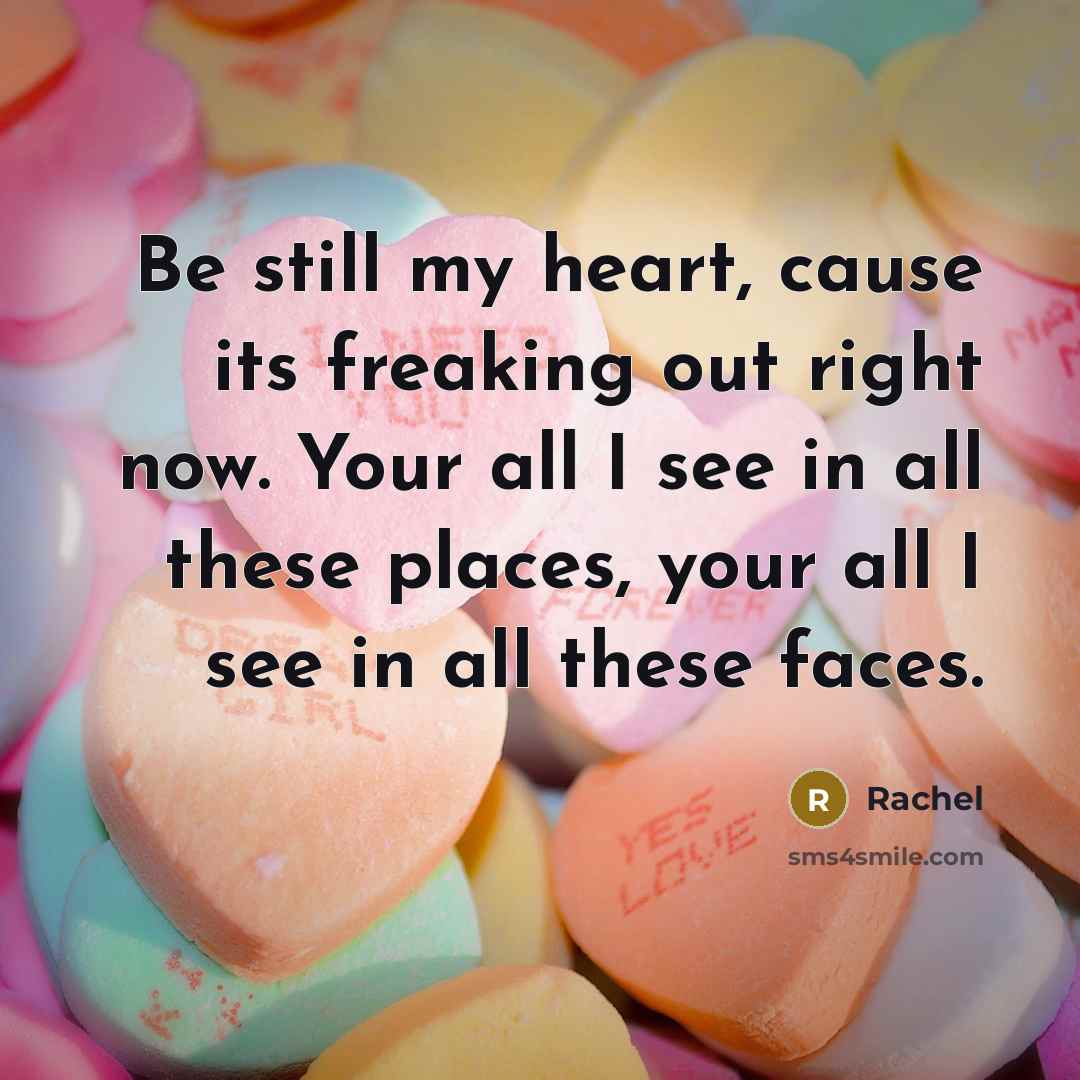 “Be still my heart, cause its freaking out right now. Your all I see in all these places, your all I see in all these faces.” quote by Rachel