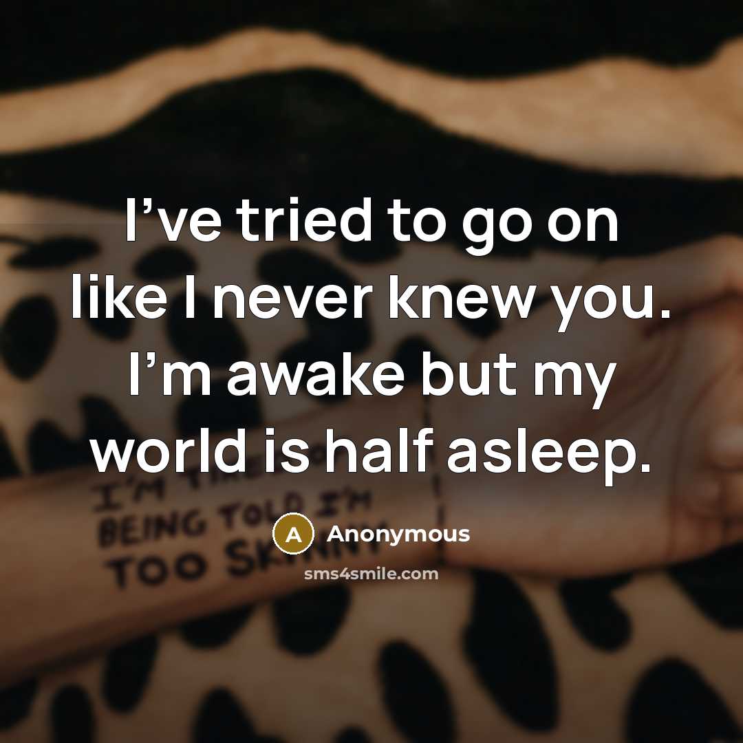 “I've tried to go on like I never knew you. I'm awake but my world is half asleep.” quote by Anonymous