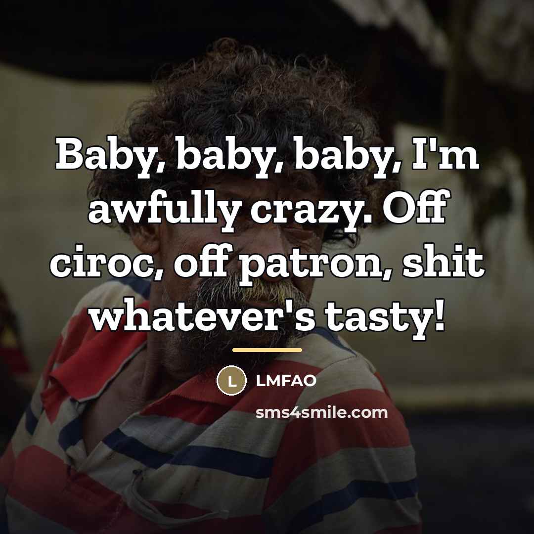 “Baby, baby, baby, I'm awfully crazy. Off ciroc, off patron,…” quote by Lmfao