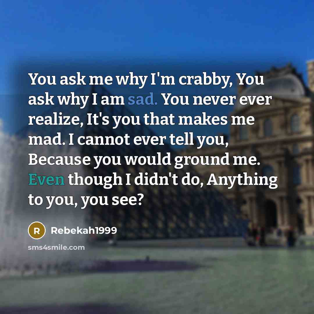 “You ask me why I'm crabby, You ask why I am sad. You never ever realize, It's you that makes me mad. I cannot ever tell you, Because you would ground me. Even though I didn't do, Anything to you, you see?” quote by Rebekah1999