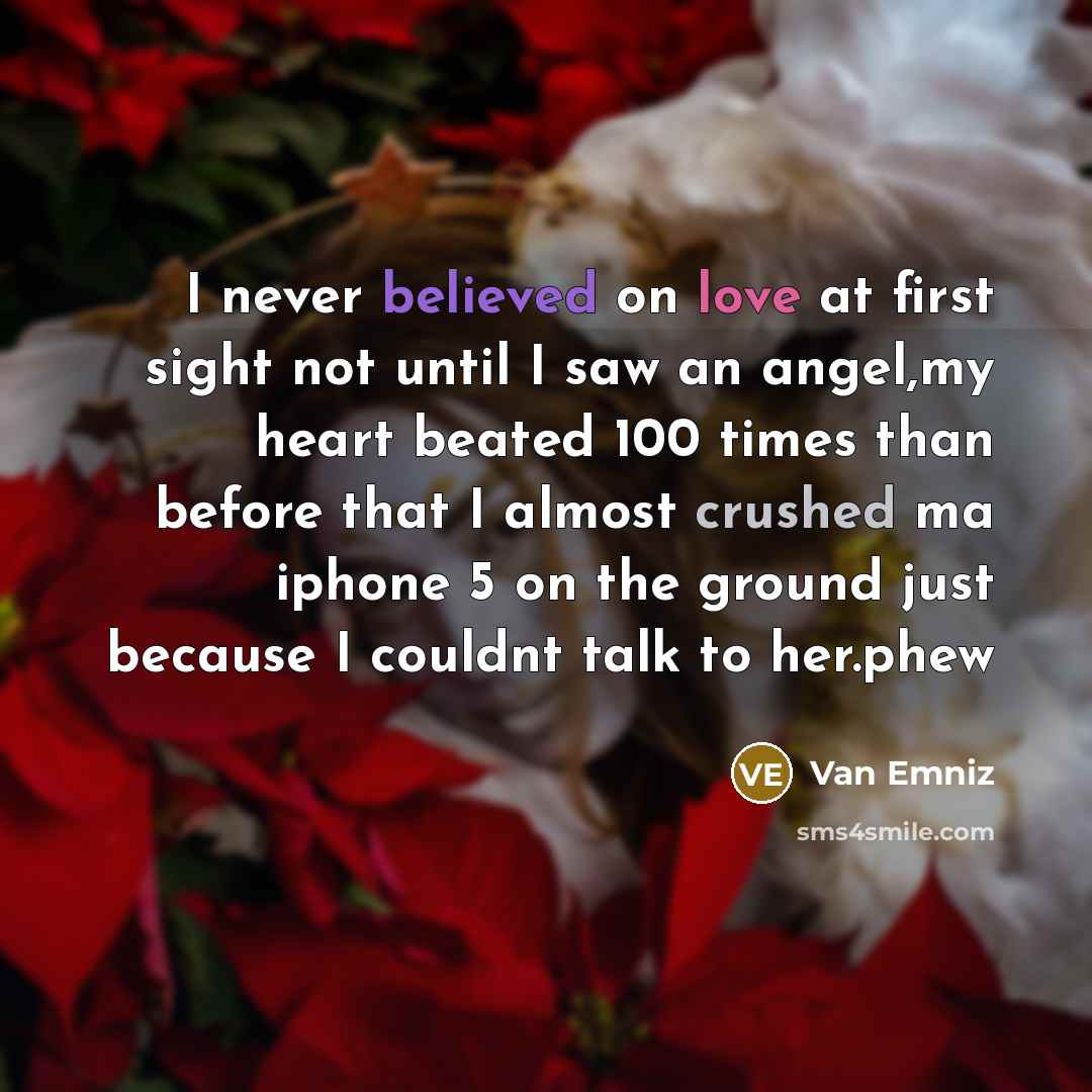 “I never believed on love at first sight not until I saw an angel,my heart beated 100 times than before that I almost crushed ma iphone 5 on the ground just because I couldnt talk to her.phew” quote by Van Emniz