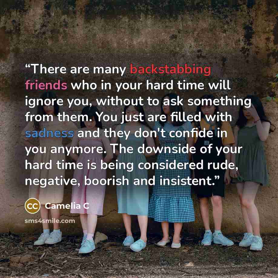 “There are many backstabbing friends who in your hard time will ignore you, without to ask something from them. You just are filled with sadness and they don't confide in you anymore. The downside of your hard time is being considered rude, negative, boorish and insistent.” quote by Camelia C