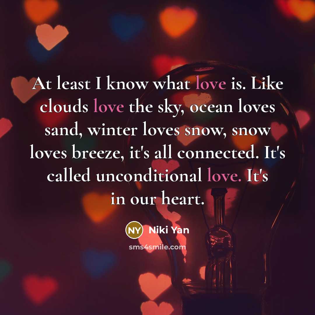 “At least I know what love is. Like clouds love the sky, ocean loves sand, winter loves snow, snow loves breeze, it's all connected. It's called unconditional love. It's in our heart.” quote by Niki Yan