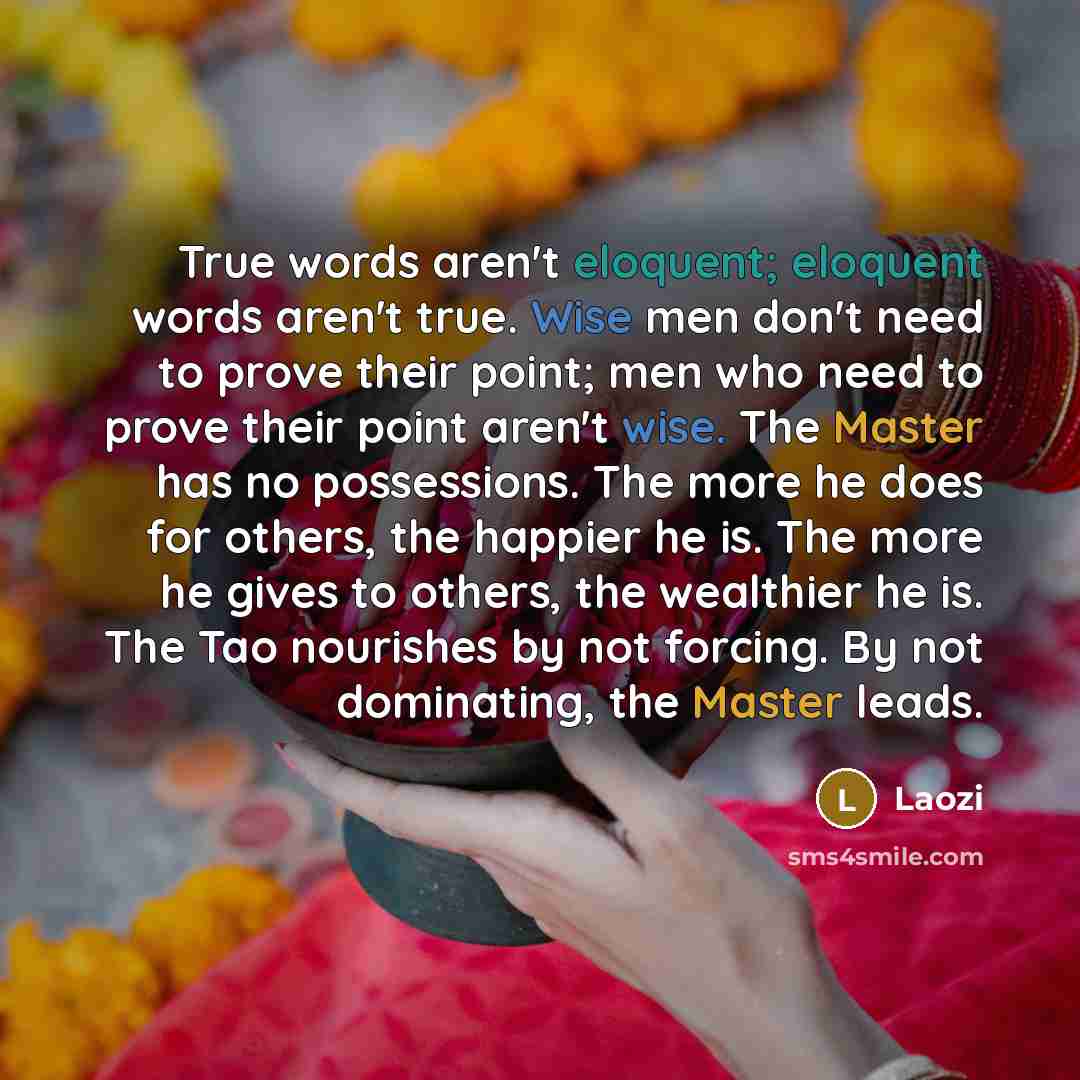 “True words aren't eloquent; eloquent words aren't true. Wise men…” quote by Laozi