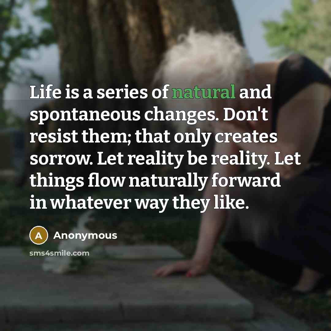 “Life is a series of natural and spontaneous changes. Don't resist them; that only creates sorrow. Let reality be reality. Let things flow naturally forward in whatever way they like.” quote by Anonymous