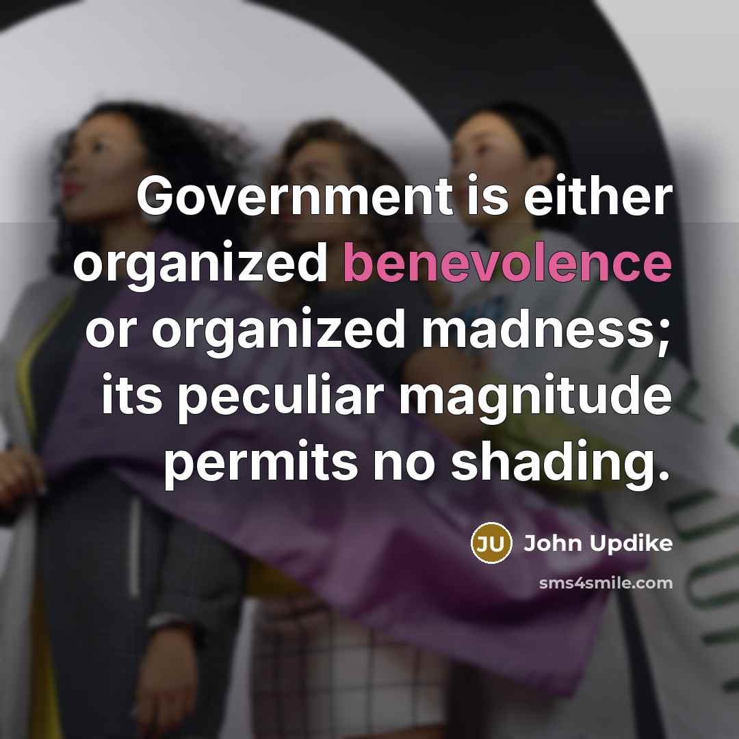 “Government is either organized benevolence or organized madness; its peculiar…” quote by John Updike