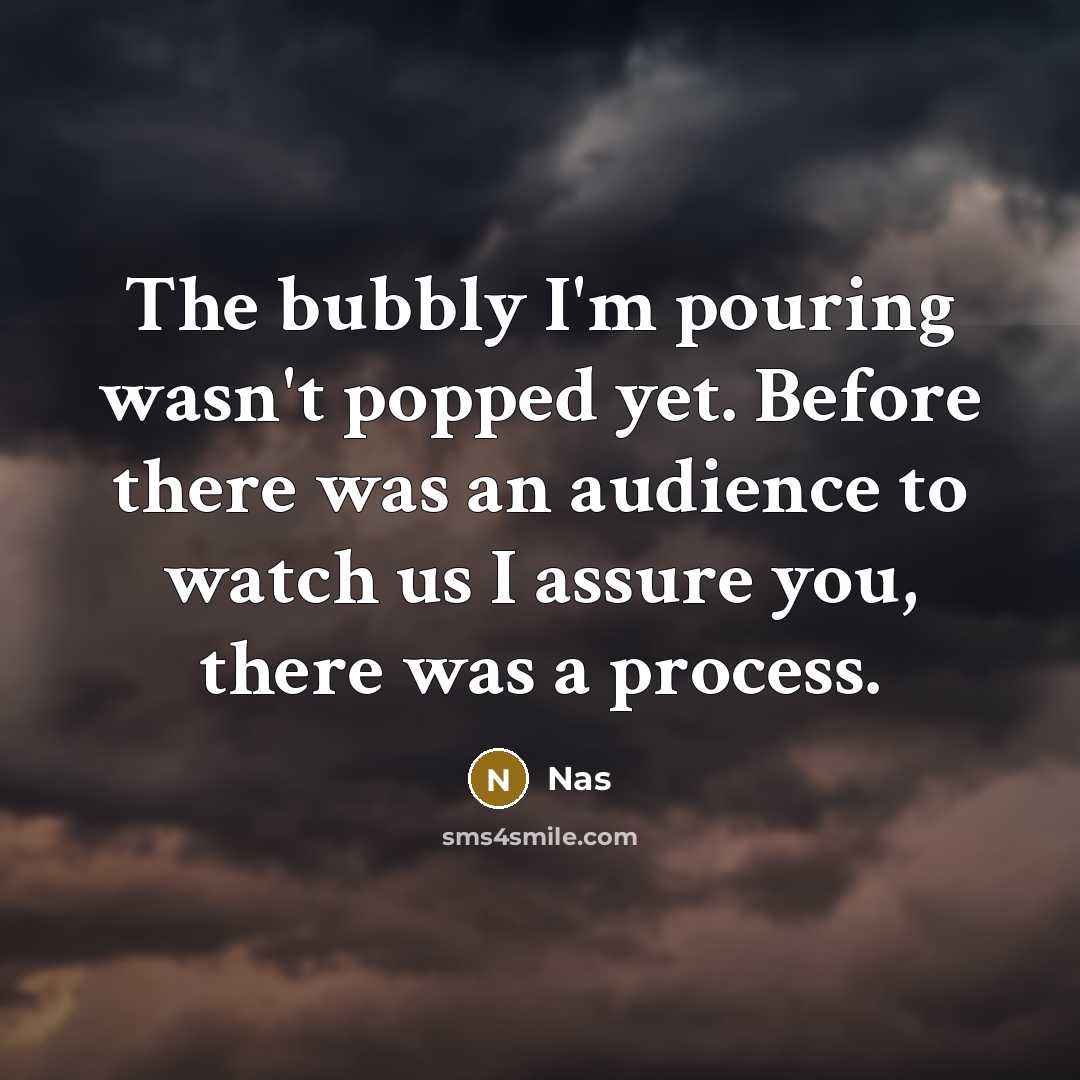 “The bubbly I'm pouring wasn't popped yet. Before there was an audience to watch us I assure you, there was a process.” quote by Nas