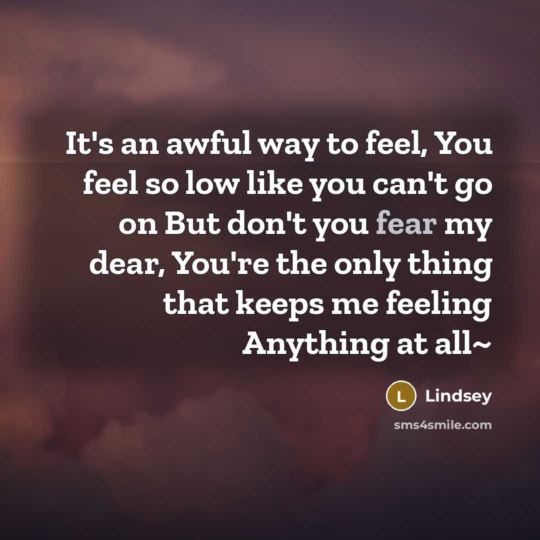 “It's an awful way to feel, You feel so low like you can't go on But don't you fear my dear, You're the only thing that keeps me feeling Anything at all~” quote by Lindsey
