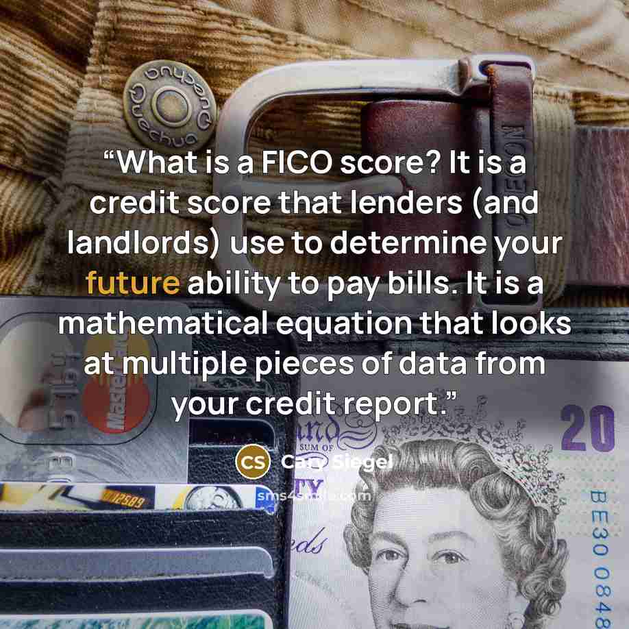“What is a FICO score? It is a credit score that lenders (and landlords) use to determine your future ability to pay bills. It is a mathematical equation that looks at multiple pieces of data from your credit report.” quote by Cary Siegel