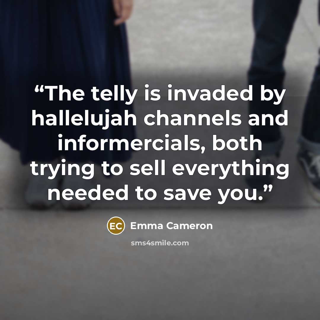“The telly is invaded by hallelujah channels and informercials, both trying to sell everything needed to save you.” quote by Emma Cameron