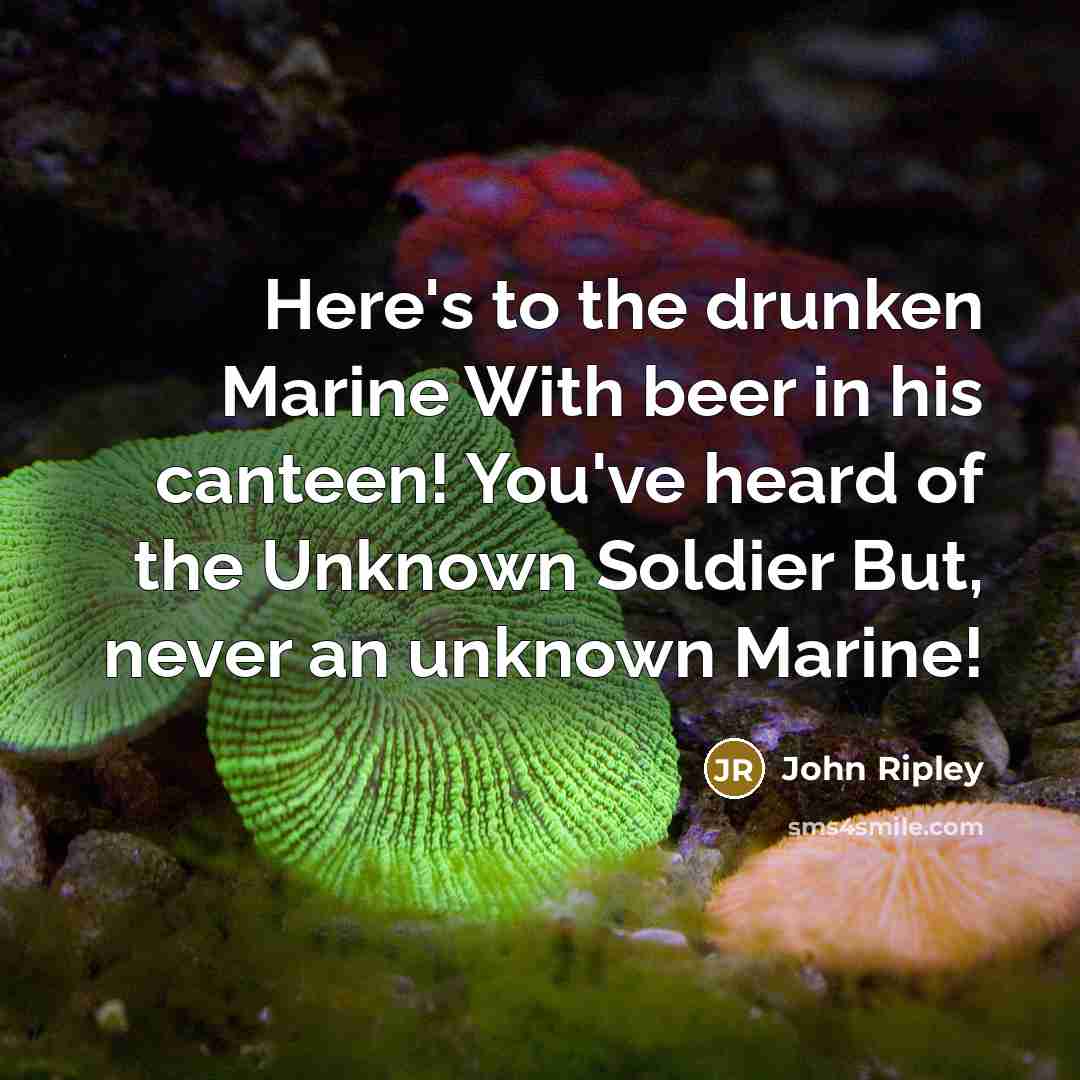 “Here's to the drunken Marine With beer in his canteen! You've heard of the Unknown Soldier But, never an unknown Marine!” quote by John Ripley