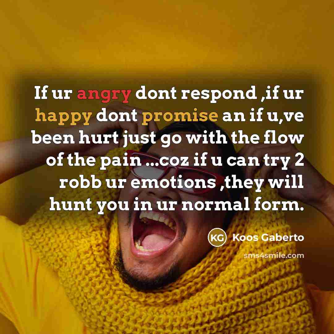 “If ur angry dont respond ,if ur happy dont promise an if u,ve been hurt just go with the flow of the pain ...coz if u can try 2 robb ur emotions ,they will hunt you in ur normal form.” quote by Koos Gaberto