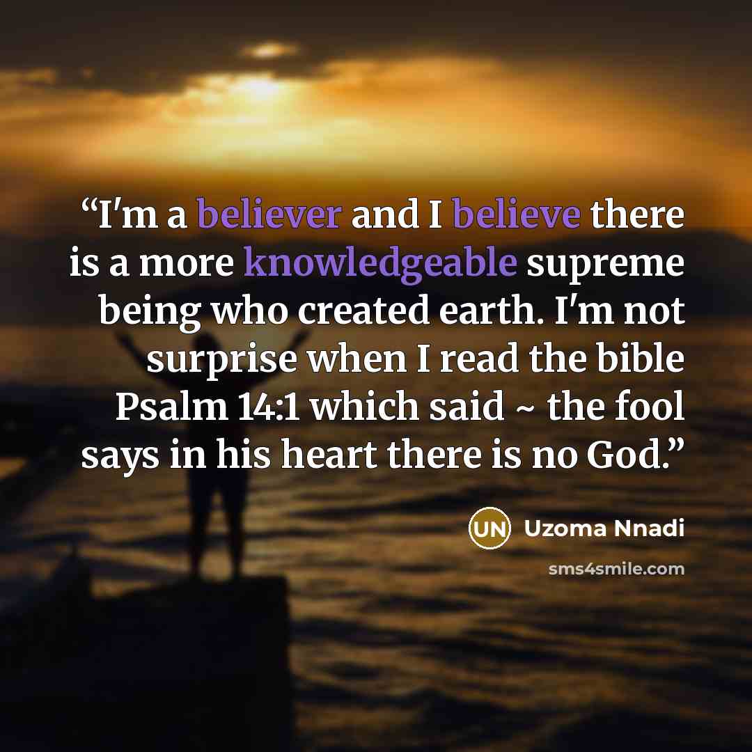 “I'm a believer and I believe there is a more knowledgeable supreme being who created earth. I'm not surprise when I read the bible Psalm 14:1 which said ~ the fool says in his heart there is no God.” quote by Uzoma Nnadi