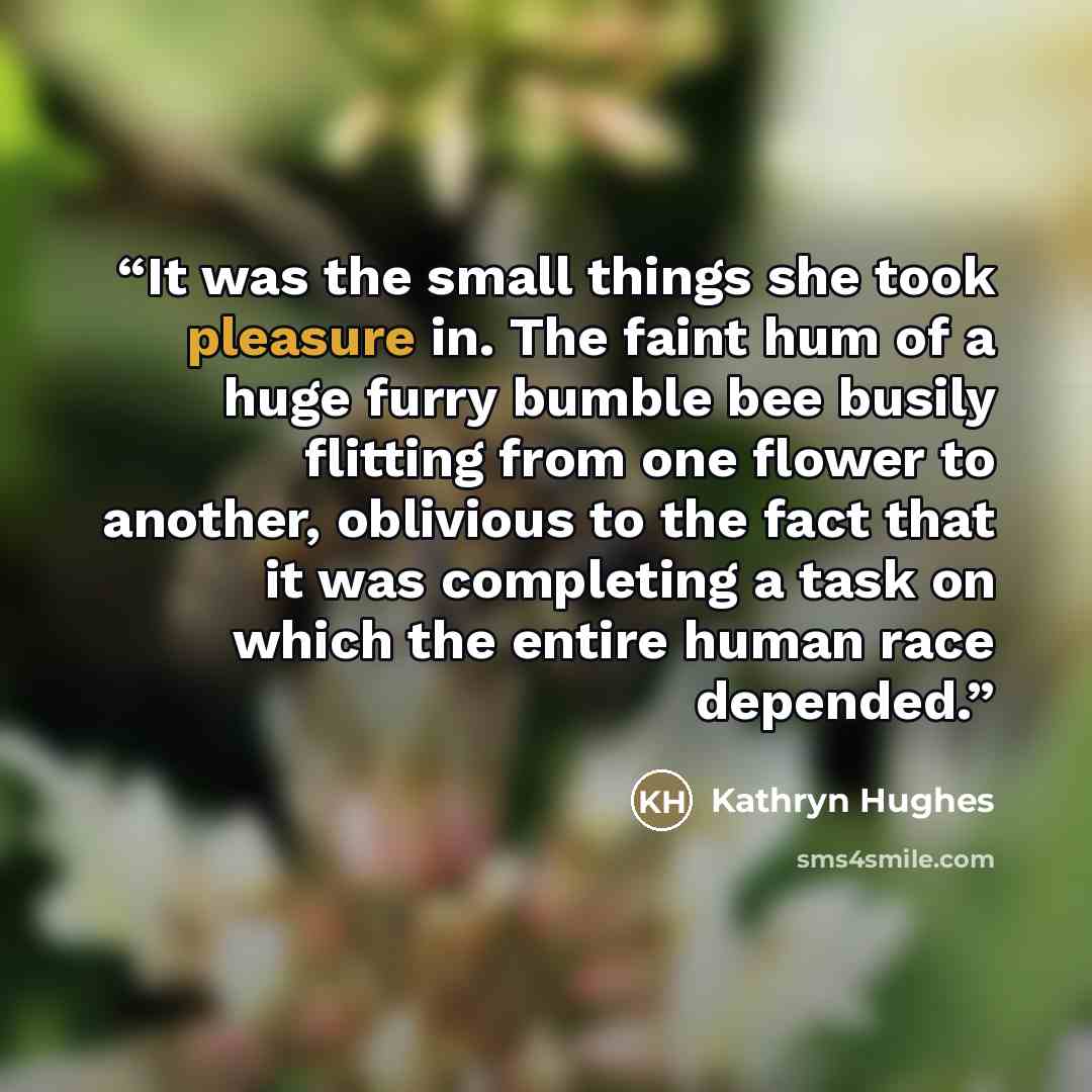 “It was the small things she took pleasure in. The faint hum of a huge furry bumble bee busily flitting from one flower to another, oblivious to the fact that it was completing a task on which the entire human race depended.” quote by Kathryn Hughes