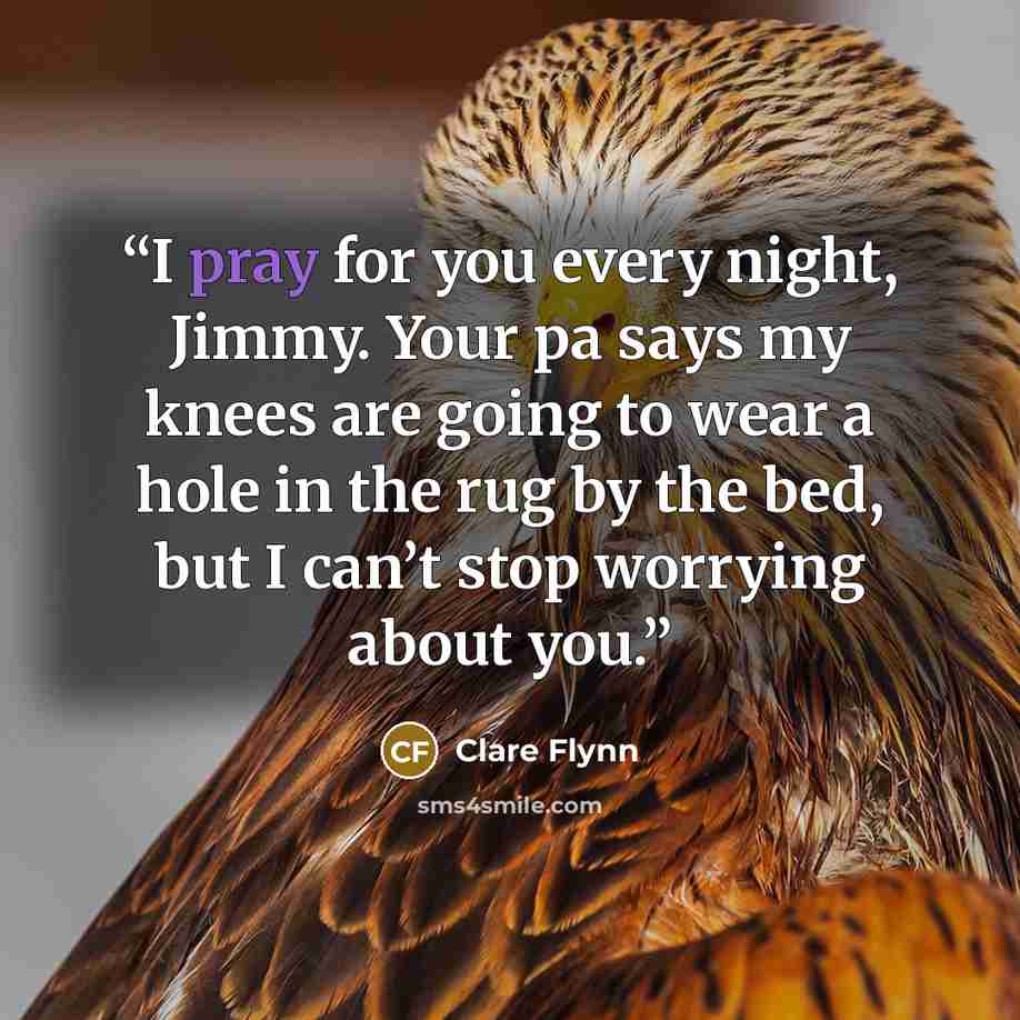“I pray for you every night, Jimmy. Your pa says my knees are going to wear a hole in the rug by the bed, but I can’t stop worrying about you.” quote by Clare Flynn