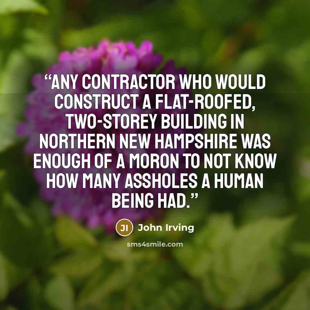 “Any contractor who would construct a flat-roofed, two-storey building in Northern New Hampshire was enough of a moron to not know how many assholes a human being had.” quote by John Irving