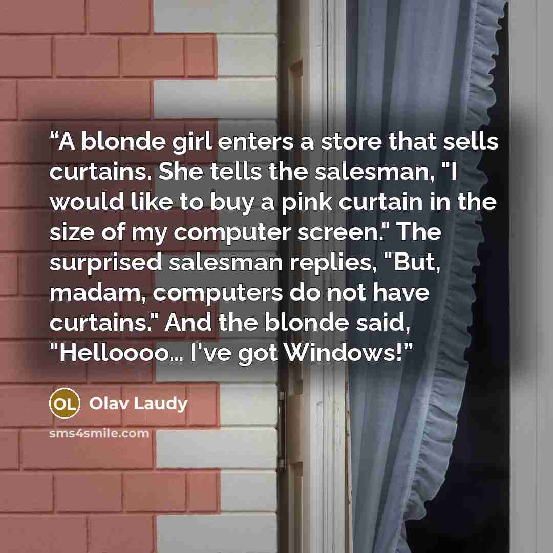 “A blonde girl enters a store that sells curtains. She tells the salesman, "I would like to buy a pink curtain in the size of my computer screen." The surprised salesman replies, "But, madam, computers do not have curtains." And the blonde said, "Helloooo… I've got Windows!” quote by Olav Laudy