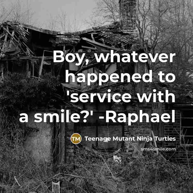 “Boy, whatever happened to 'service with a smile?' -Raphael” quote by Teenage Mutant Ninja Turtles