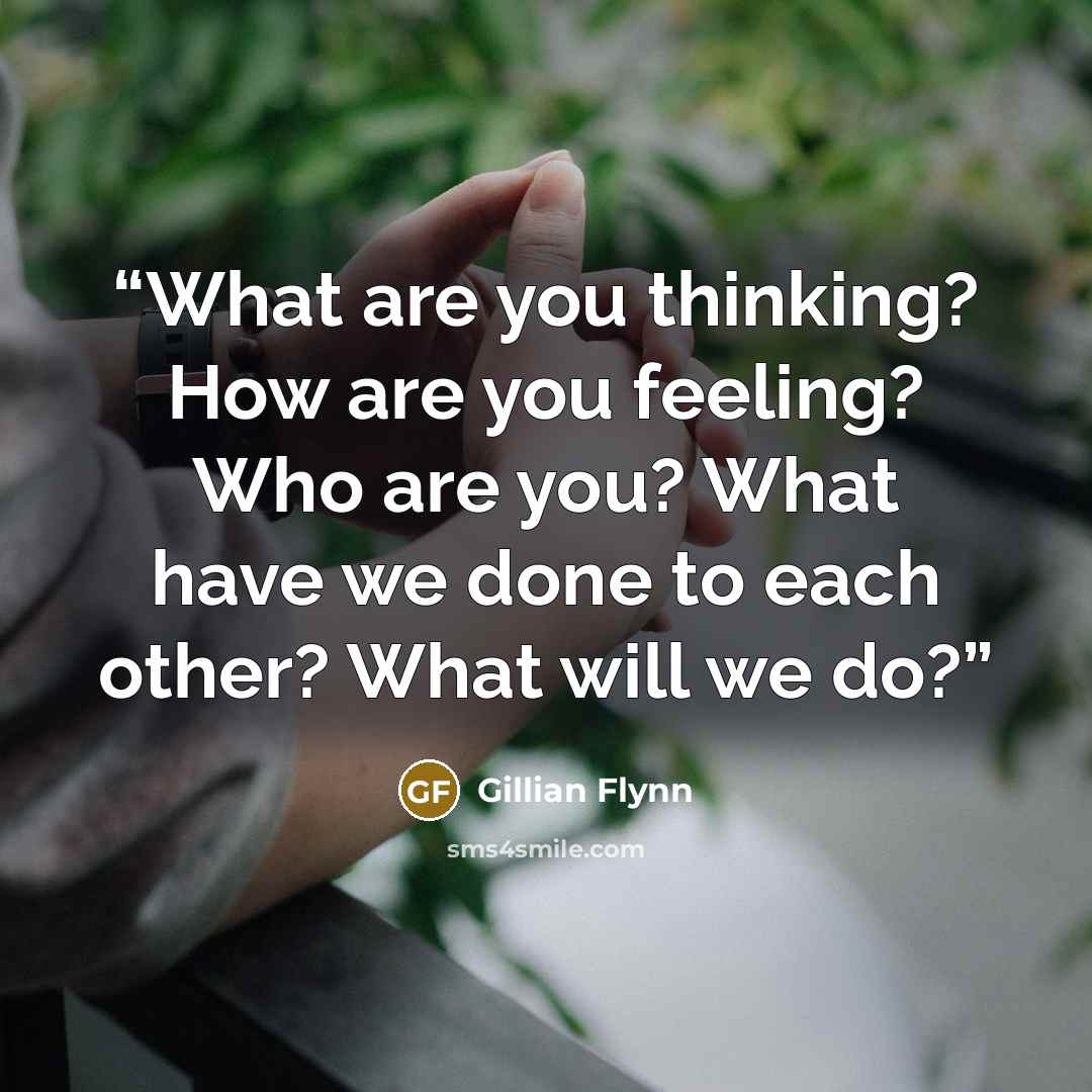 “What are you thinking? How are you feeling? Who are you? What have we done to each other? What will we do?” quote by Gillian Flynn