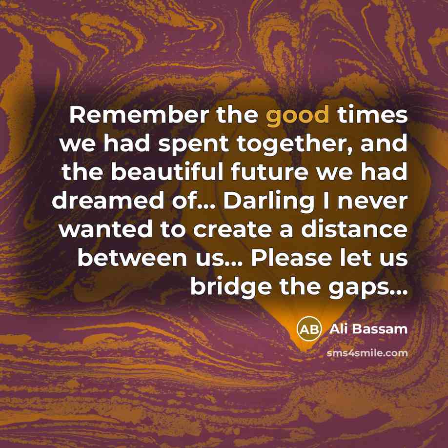 “Remember the good times we had spent together, and the beautiful future we had dreamed of... Darling I never wanted to create a distance between us... Please let us bridge the gaps...” quote by Ali Bassam