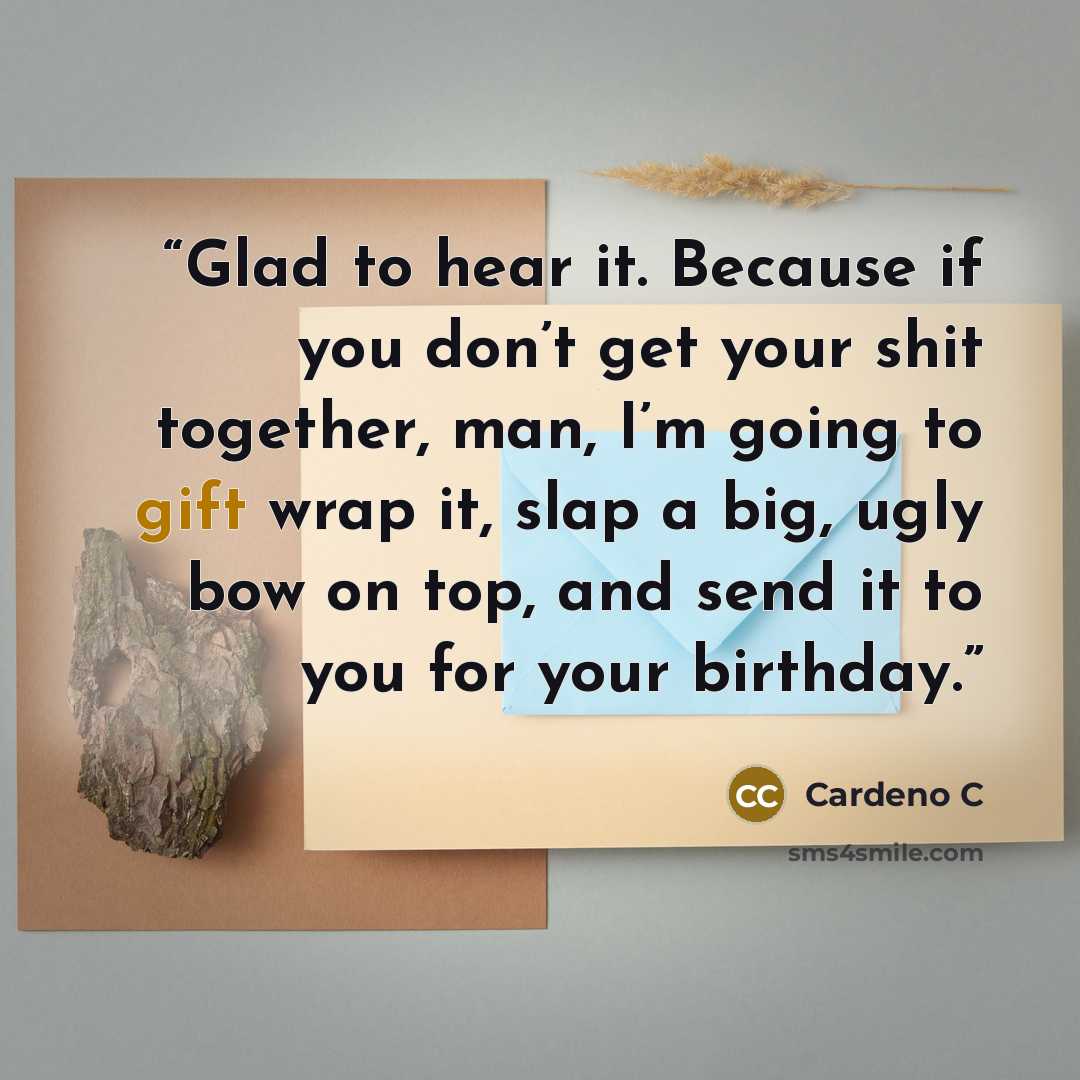 “Glad to hear it. Because if you don’t get your shit together, man, I’m going to gift wrap it, slap a big, ugly bow on top, and send it to you for your birthday.” quote by Cardeno C