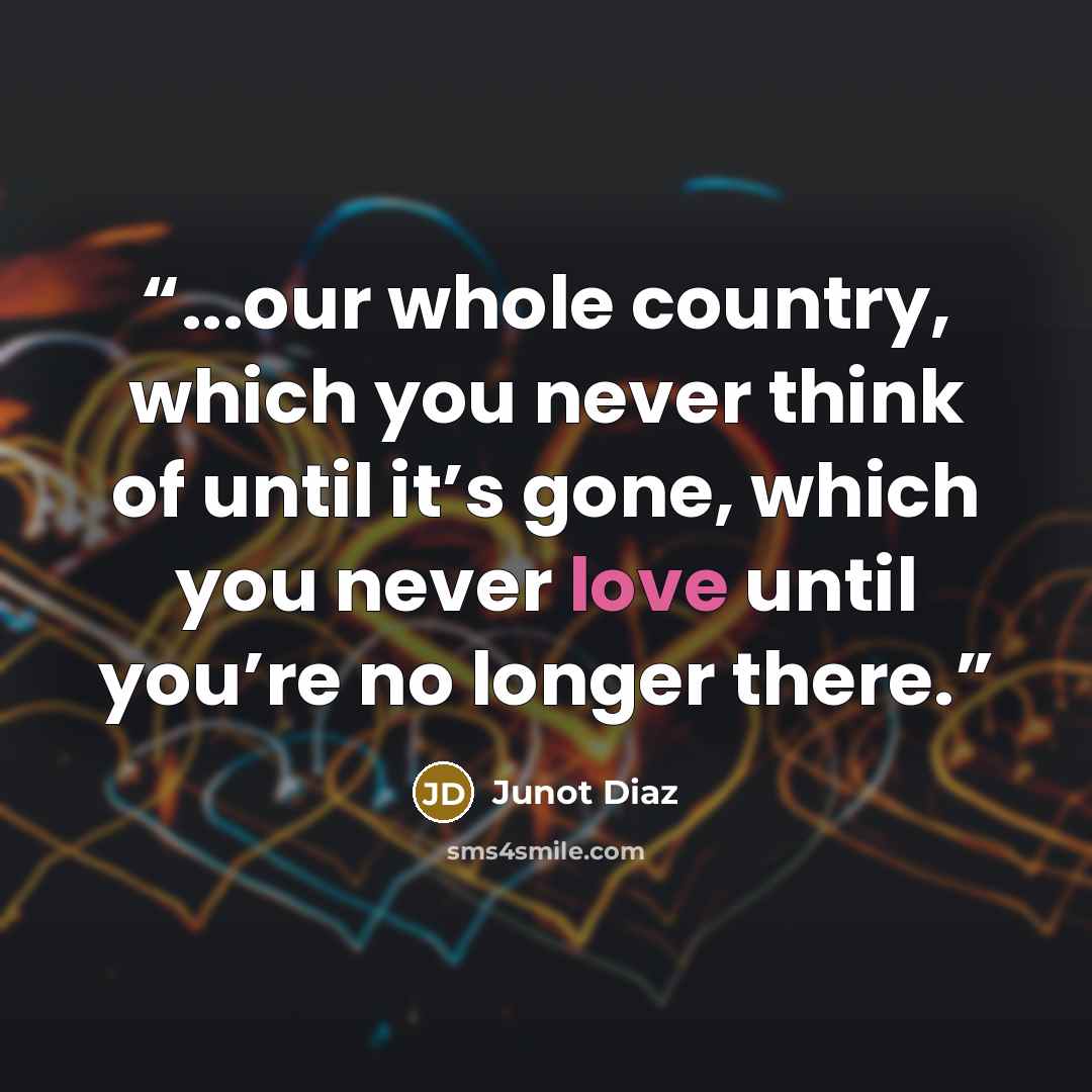 “...our whole country, which you never think of until it’s gone, which you never love until you’re no longer there.” quote by Junot Díaz
