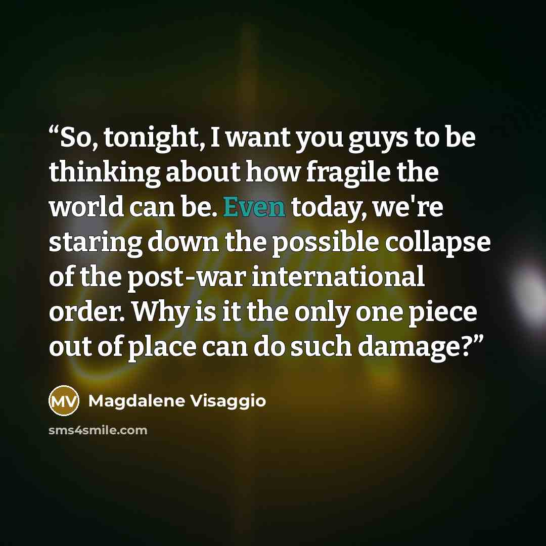 “So, tonight, I want you guys to be thinking about how fragile the world can be. Even today, we're staring down the possible collapse of the post-war international order. Why is it the only one piece out of place can do such damage?” quote by Magdalene Visaggio