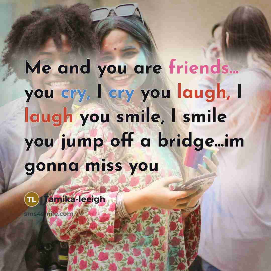 “Me and you are friends... you cry, I cry you laugh, I laugh you smile, I smile you jump off a bridge...im gonna miss you” quote by Tamika-leeigh