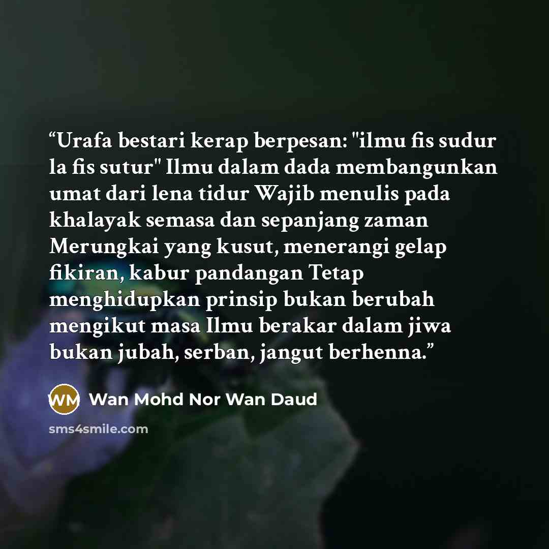 “Urafa bestari kerap berpesan: "ilmu fis sudur la fis sutur" Ilmu dalam dada membangunkan umat dari lena tidur Wajib menulis pada khalayak semasa dan sepanjang zaman Merungkai yang kusut, menerangi gelap fikiran, kabur pandangan Tetap menghidupkan prinsip bukan berubah mengikut masa Ilmu berakar…” quote by Wan Mohd Nor Wan Daud