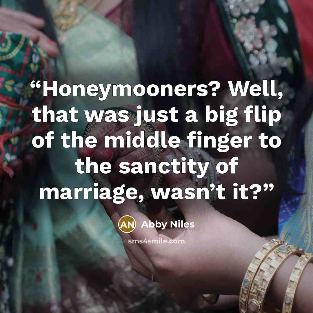 “Honeymooners? Well, that was just a big flip of the middle finger to the sanctity of marriage, wasn’t it?” quote by Abby Niles
