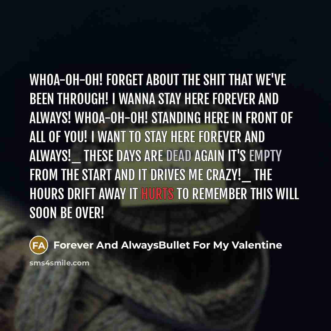 “Whoa-Oh-Oh! Forget about the shit that we've been through! I wanna stay here forever and always! Whoa-Oh-Oh! Standing here in front of all of you! I want to stay here forever and always!_ These days are dead again It's empty from the start And it drives me crazy!_ The hours drift away It hurts to…” quote by Forever And AlwaysBullet For My Valentine