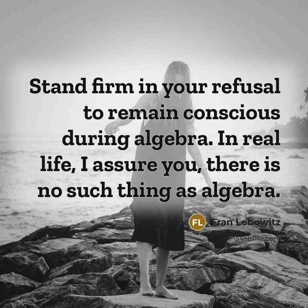 “Stand firm in your refusal to remain conscious during algebra. In real life, I assure you, there is no such thing as algebra.” quote by Fran Lebowitz