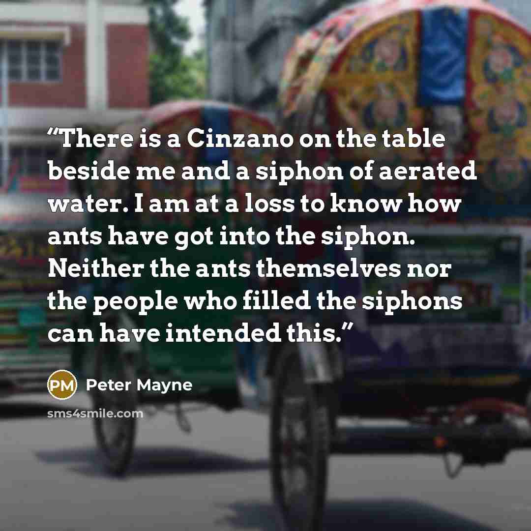 “There is a Cinzano on the table beside me and a siphon of aerated water. I am at a loss to know how ants have got into the siphon. Neither the ants themselves nor the people who filled the siphons can have intended this.” quote by Peter Mayne