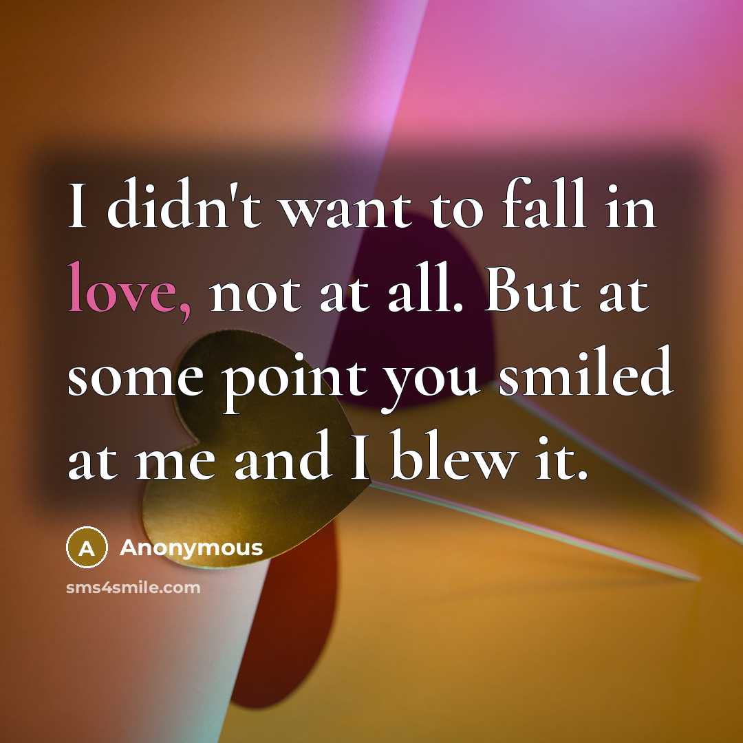 “I didn't want to fall in love, not at all. But at some point you smiled at me and I blew it.” quote by Anonymous