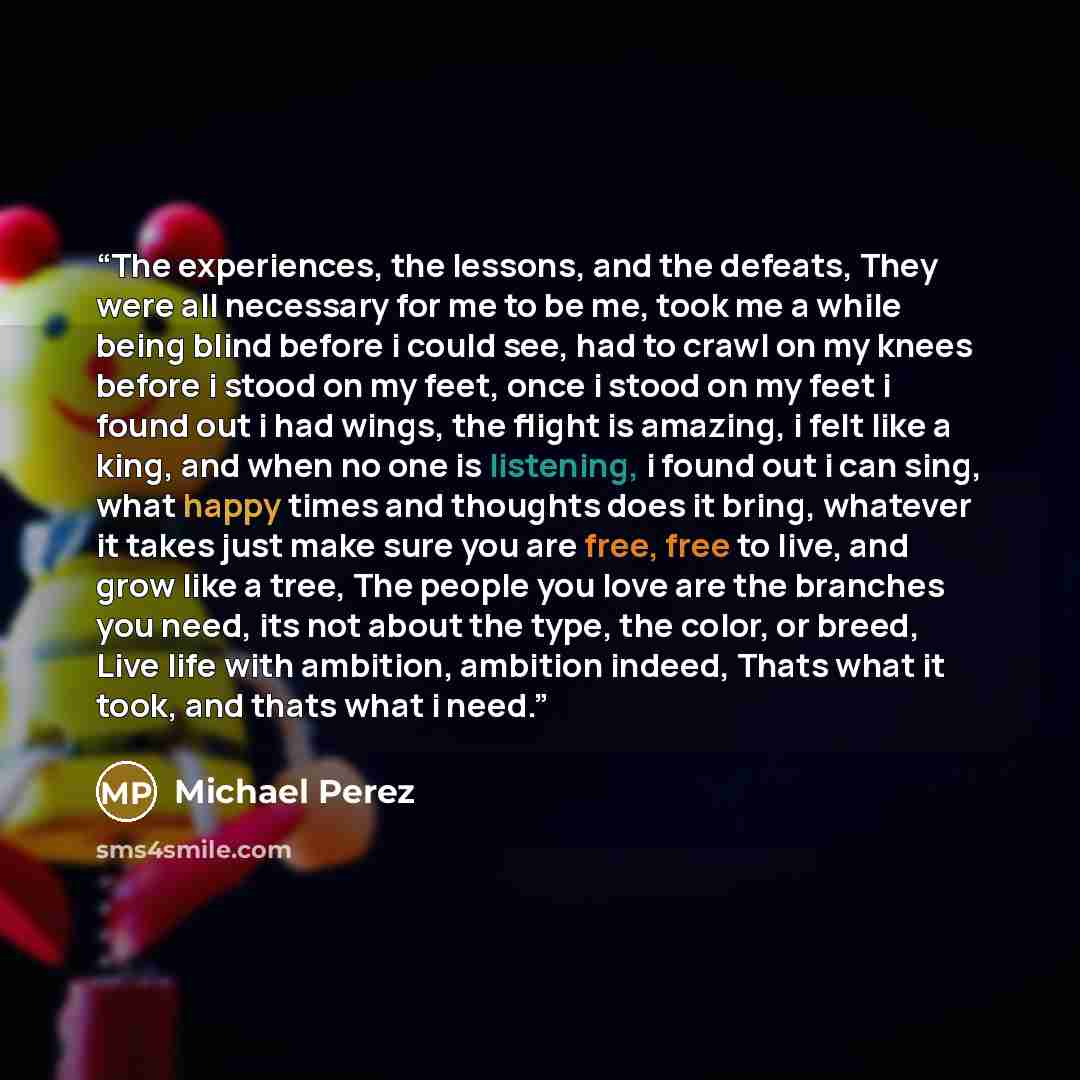 “The experiences, the lessons, and the defeats, They were all necessary for me to be me, took me a while being blind before i could see, had to crawl on my knees before i stood on my feet, once i stood on my feet i found out i had wings, the flight is amazing, i felt like a king, and when no one is…” quote by Michael Perez