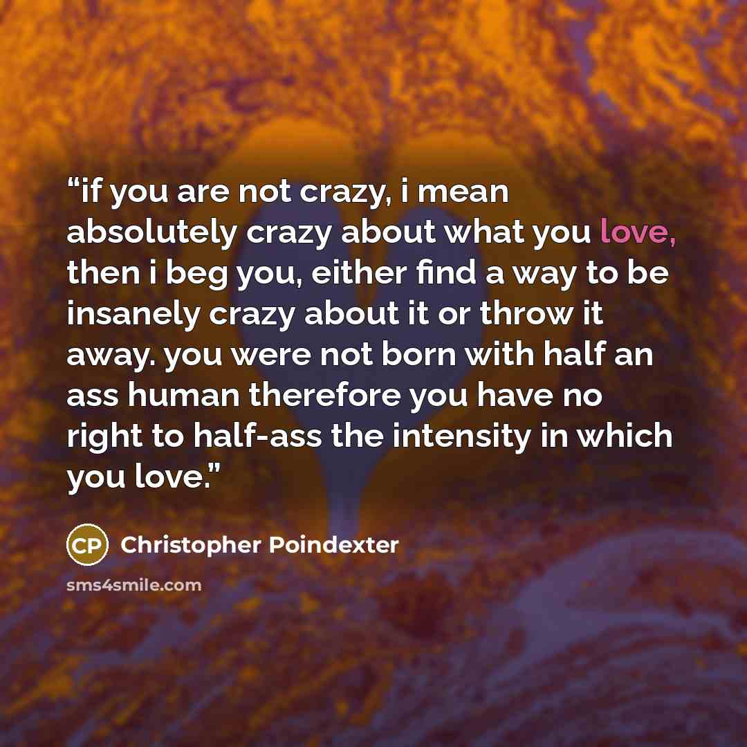 “if you are not crazy, i mean absolutely crazy about what you love, then i beg you, either find a way to be insanely crazy about it or throw it away. you were not born with half an ass human therefore you have no right to half-ass the intensity in which you love.” quote by Christopher Poindexter