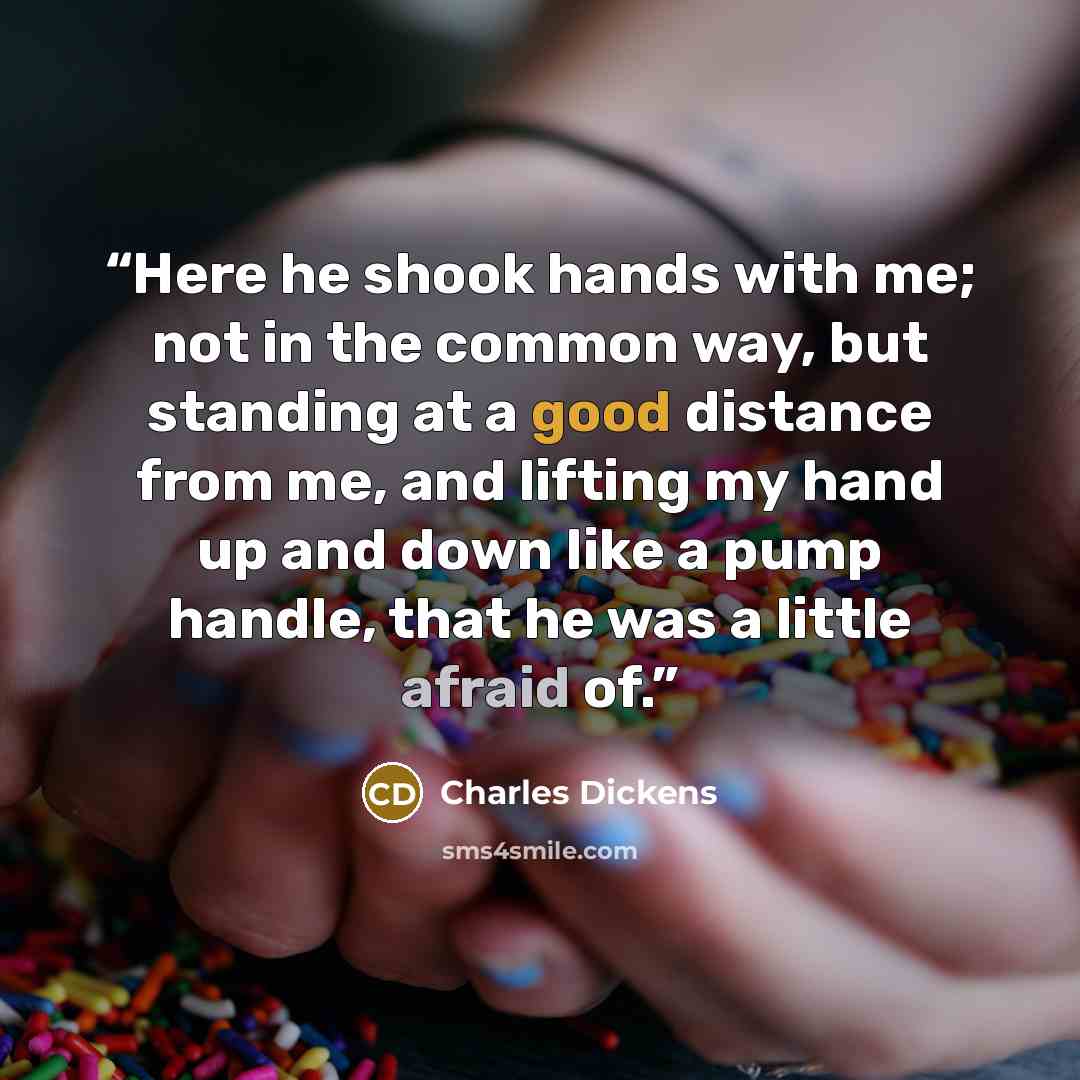 “Here he shook hands with me; not in the common way, but standing at a good distance from me, and lifting my hand up and down like a pump handle, that he was a little afraid of.” quote by Charles Dickens