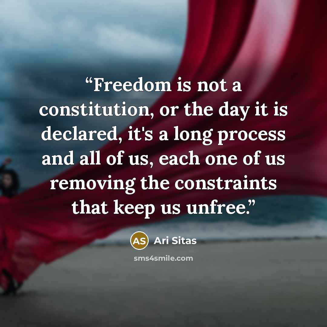 “Freedom is not a constitution, or the day it is declared, it's a long process and all of us, each one of us removing the constraints that keep us unfree.” quote by Ari Sitas