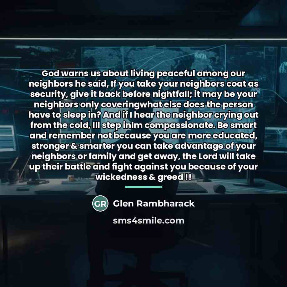 “God warns us about living peaceful among our neighbors he…” quote by Glen Rambharack