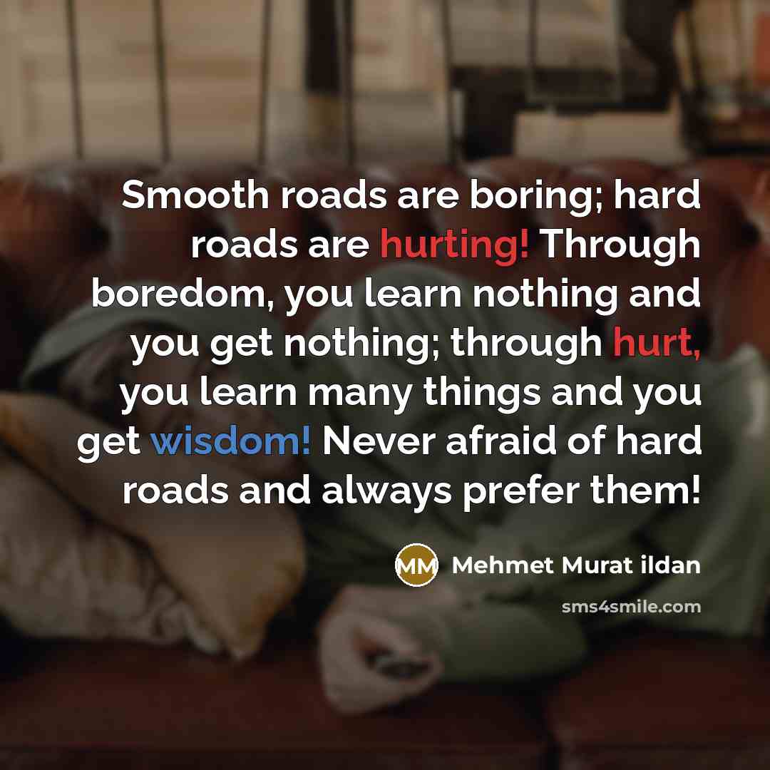 “Smooth roads are boring; hard roads are hurting! Through boredom,…” quote by Mehmet Murat Ildan