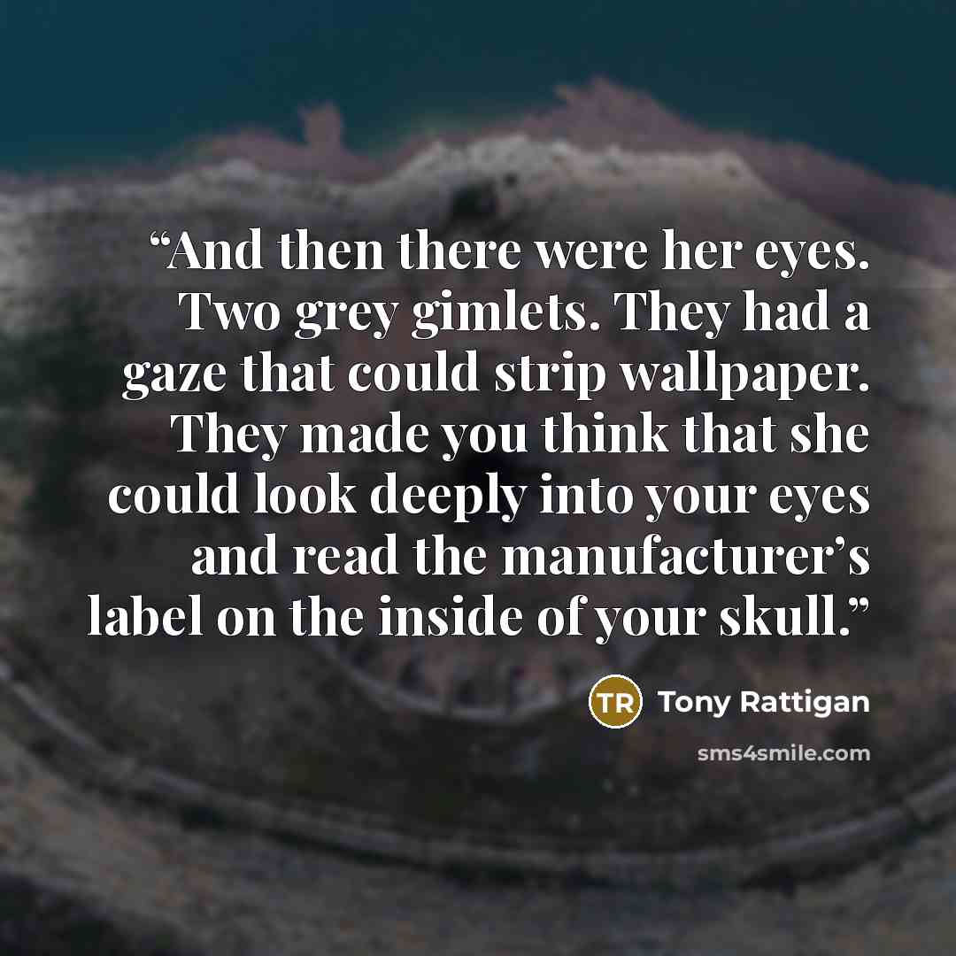 “And then there were her eyes. Two grey gimlets. They had a gaze that could strip wallpaper. They made you think that she could look deeply into your eyes and read the manufacturer’s label on the inside of your skull.” quote by Tony Rattigan