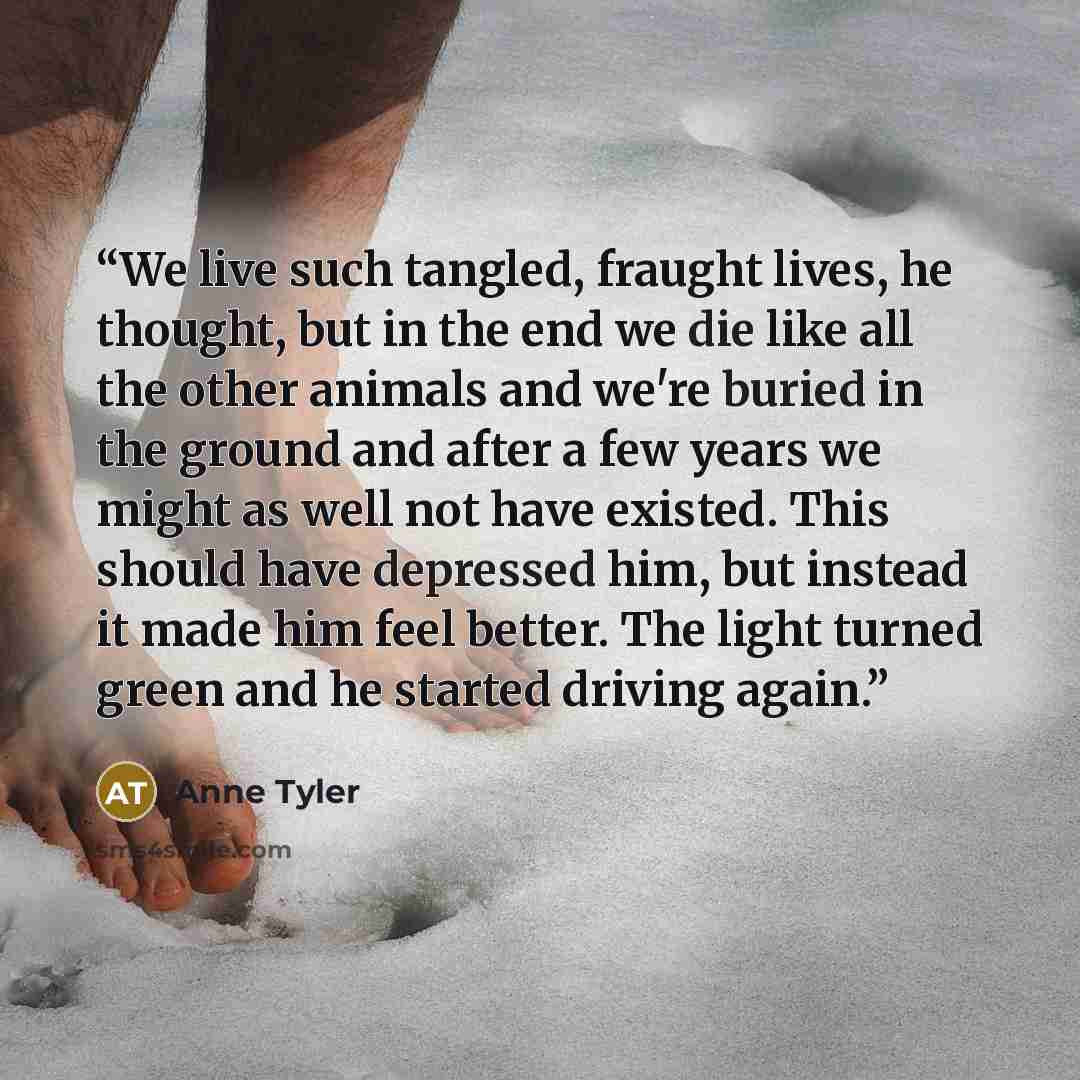 “We live such tangled, fraught lives, he thought, but in the end we die like all the other animals and we're buried in the ground and after a few years we might as well not have existed. This should have depressed him, but instead it made him feel better. The light turned green and he started…” quote by Anne Tyler