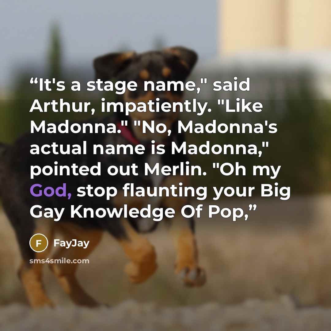 “It's a stage name," said Arthur, impatiently. "Like Madonna." "No, Madonna's actual name is Madonna," pointed out Merlin. "Oh my God, stop flaunting your Big Gay Knowledge Of Pop,” quote by FayJay