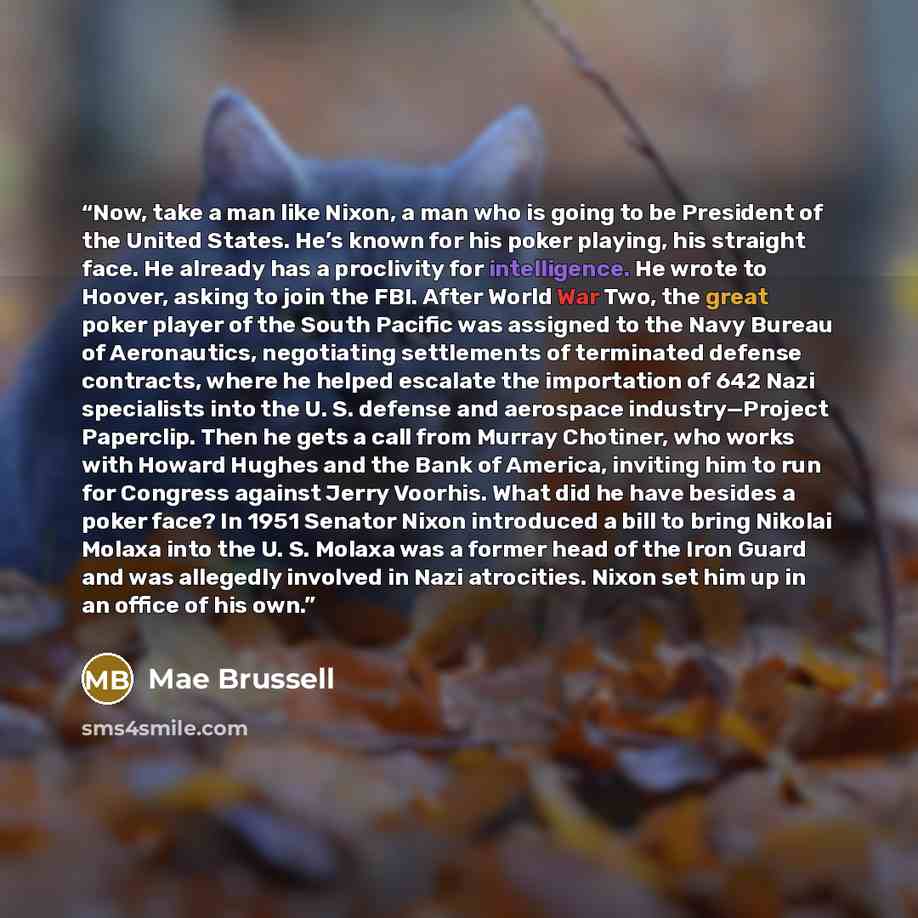 “Now, take a man like Nixon, a man who is going to be President of the United States. He’s known for his poker playing, his straight face. He already has a proclivity for intelligence. He wrote to Hoover, asking to join the FBI. After World War Two, the great poker player of the South Pacific was…” quote by Mae Brussell