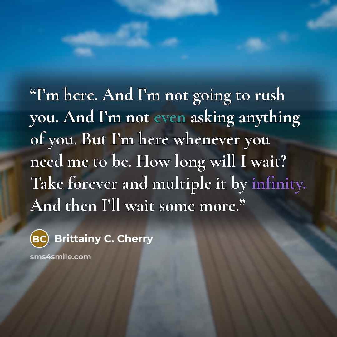 “I’m here. And I’m not going to rush you. And I’m not even asking anything of you. But I’m here whenever you need me to be. How long will I wait? Take forever and multiple it by infinity. And then I’ll wait some more.” quote by Brittainy C. Cherry